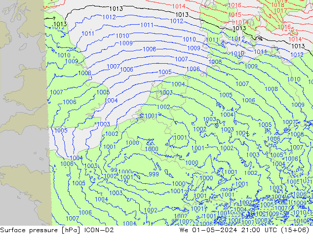 Surface pressure ICON-D2 We 01.05.2024 21 UTC