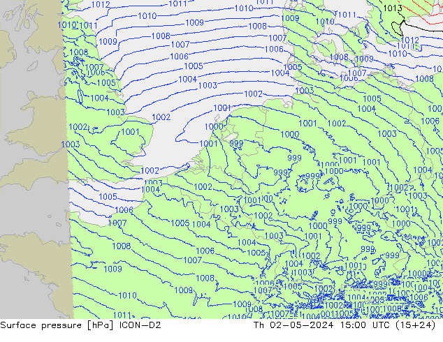 Atmosférický tlak ICON-D2 Čt 02.05.2024 15 UTC