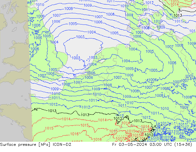 Atmosférický tlak ICON-D2 Pá 03.05.2024 03 UTC