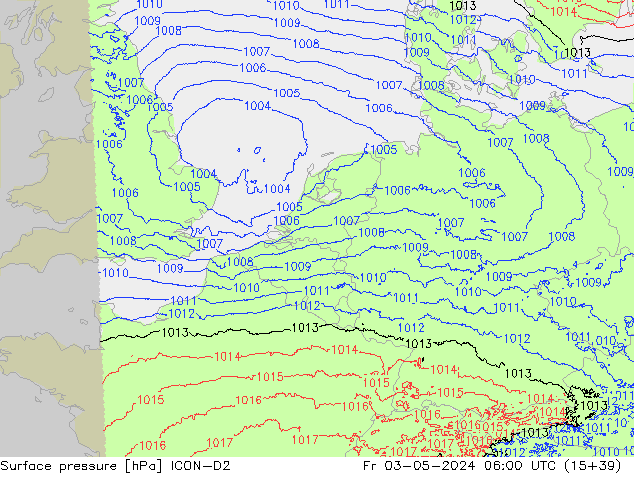 Atmosférický tlak ICON-D2 Pá 03.05.2024 06 UTC