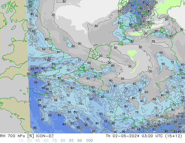 RH 700 hPa ICON-D2 Qui 02.05.2024 03 UTC