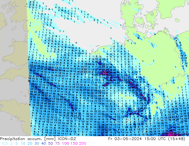 Precipitation accum. ICON-D2 Fr 03.05.2024 15 UTC