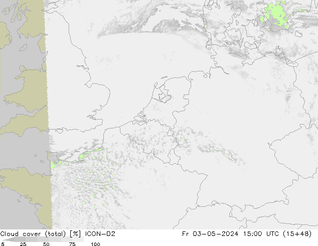 Cloud cover (total) ICON-D2 Fr 03.05.2024 15 UTC