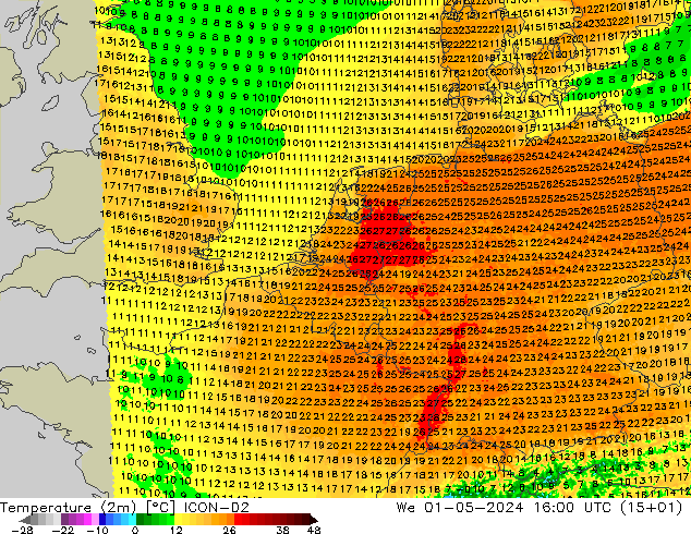 Temperature (2m) ICON-D2 We 01.05.2024 16 UTC