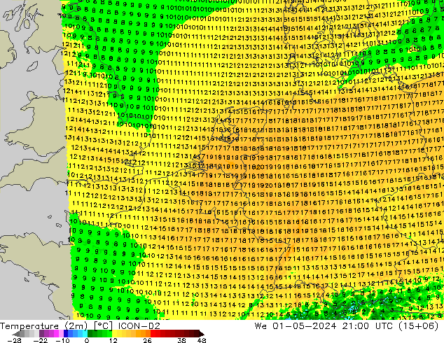 Temperaturkarte (2m) ICON-D2 Mi 01.05.2024 21 UTC