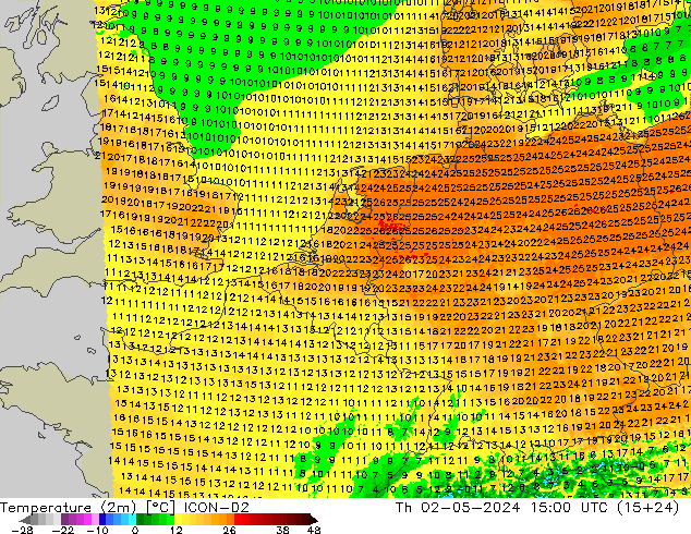 Temperatura (2m) ICON-D2 Qui 02.05.2024 15 UTC