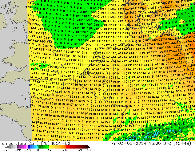 Temperature (2m) ICON-D2 Pá 03.05.2024 15 UTC