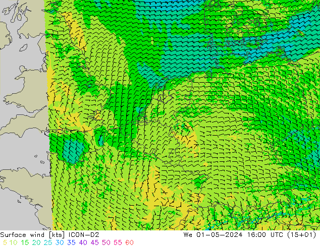 Viento 10 m ICON-D2 mié 01.05.2024 16 UTC