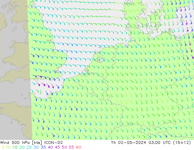 Vento 500 hPa ICON-D2 Qui 02.05.2024 03 UTC