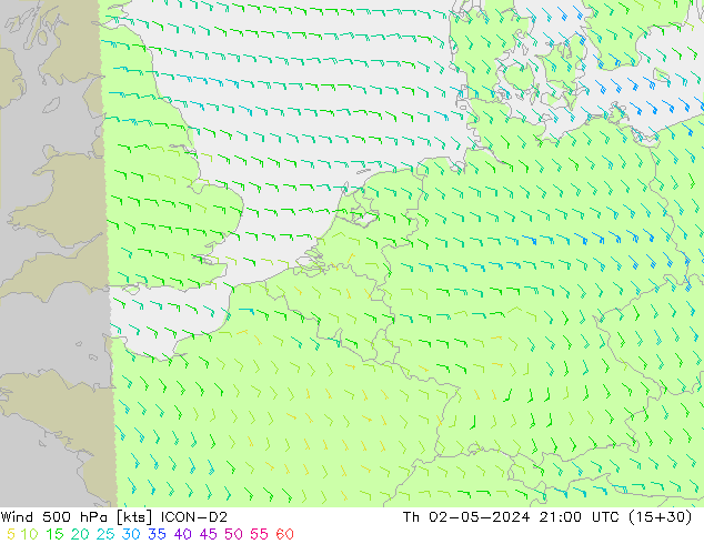 wiatr 500 hPa ICON-D2 czw. 02.05.2024 21 UTC