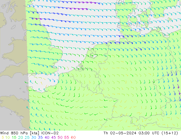 Vento 850 hPa ICON-D2 Qui 02.05.2024 03 UTC