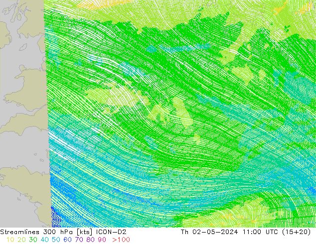 ветер 300 гПа ICON-D2 чт 02.05.2024 11 UTC