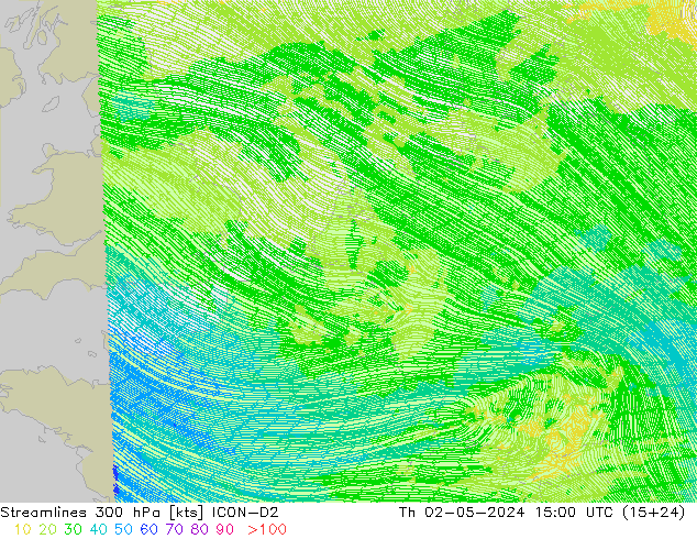 Linha de corrente 300 hPa ICON-D2 Qui 02.05.2024 15 UTC