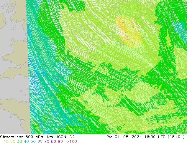 Línea de corriente 500 hPa ICON-D2 mié 01.05.2024 16 UTC