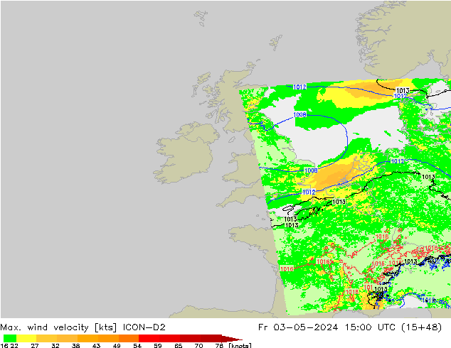 Max. wind velocity ICON-D2 ven 03.05.2024 15 UTC