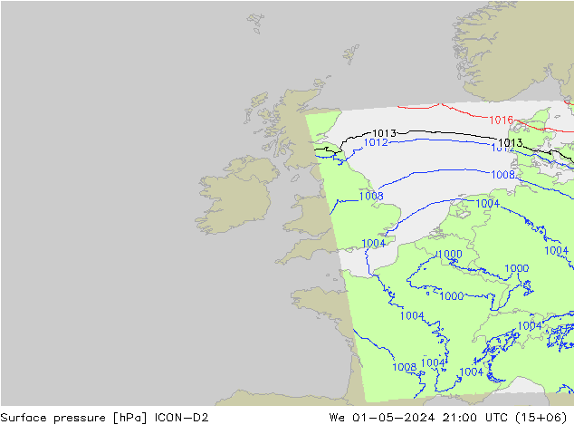 Surface pressure ICON-D2 We 01.05.2024 21 UTC