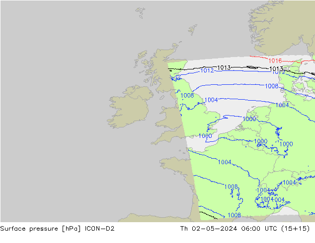 Surface pressure ICON-D2 Th 02.05.2024 06 UTC