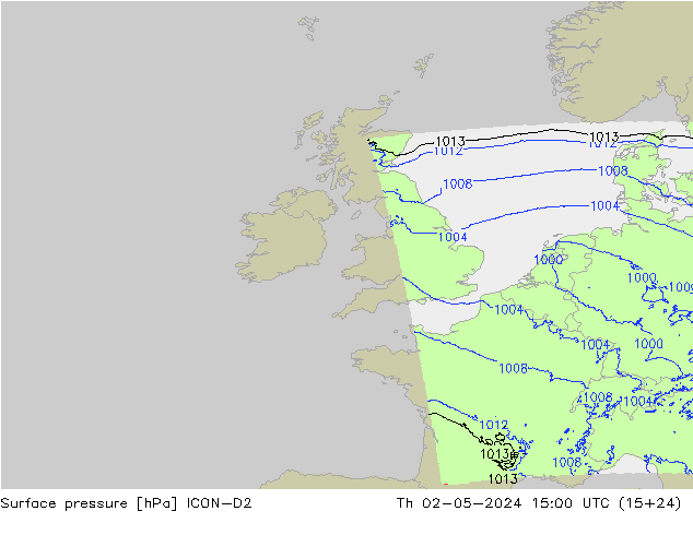 Surface pressure ICON-D2 Th 02.05.2024 15 UTC