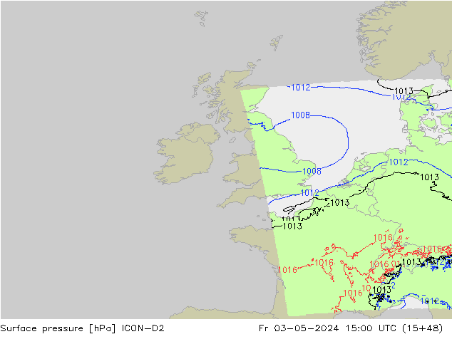 Atmosférický tlak ICON-D2 Pá 03.05.2024 15 UTC