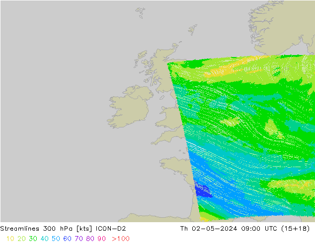 Streamlines 300 hPa ICON-D2 Th 02.05.2024 09 UTC