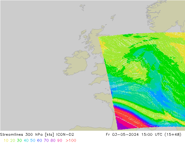 Streamlines 300 hPa ICON-D2 Fr 03.05.2024 15 UTC