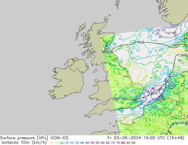 Isotachs (kph) ICON-D2 Pá 03.05.2024 15 UTC