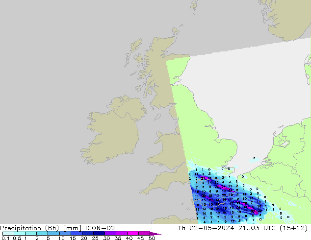 Totale neerslag (6h) ICON-D2 do 02.05.2024 03 UTC