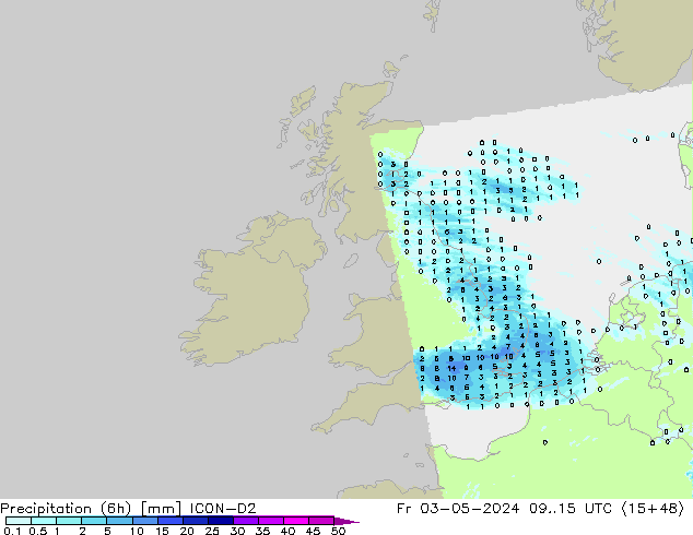 Totale neerslag (6h) ICON-D2 vr 03.05.2024 15 UTC