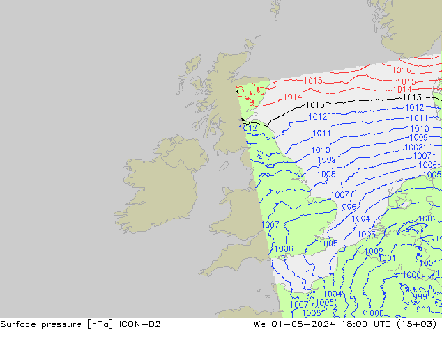 Surface pressure ICON-D2 We 01.05.2024 18 UTC