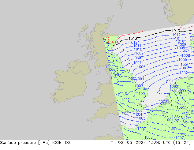 Surface pressure ICON-D2 Th 02.05.2024 15 UTC