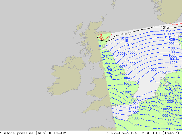 Surface pressure ICON-D2 Th 02.05.2024 18 UTC