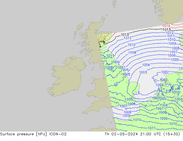 Surface pressure ICON-D2 Th 02.05.2024 21 UTC