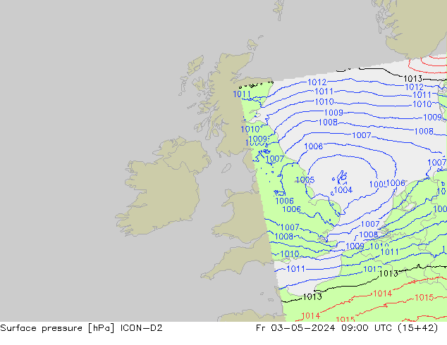 Atmosférický tlak ICON-D2 Pá 03.05.2024 09 UTC