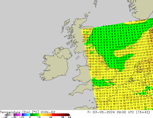 Temperaturkarte (2m) ICON-D2 Fr 03.05.2024 09 UTC