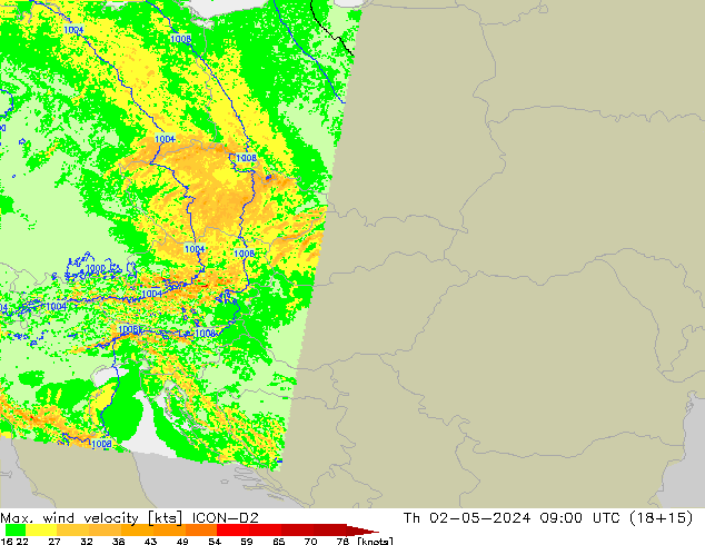 Max. wind velocity ICON-D2 Qui 02.05.2024 09 UTC