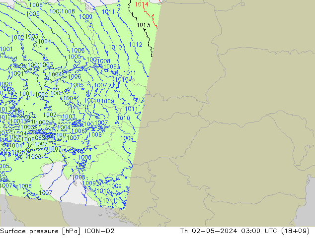 Atmosférický tlak ICON-D2 Čt 02.05.2024 03 UTC