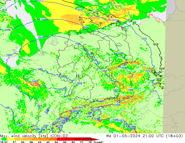 Max. wind velocity ICON-D2 Qua 01.05.2024 21 UTC