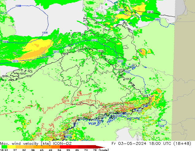 Max. wind velocity ICON-D2 vie 03.05.2024 18 UTC