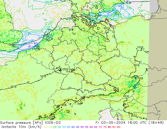 Isotachs (kph) ICON-D2 ven 03.05.2024 18 UTC