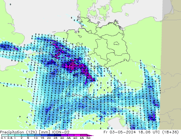 Precipitazione (12h) ICON-D2 ven 03.05.2024 06 UTC