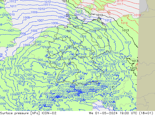 Atmosférický tlak ICON-D2 St 01.05.2024 19 UTC