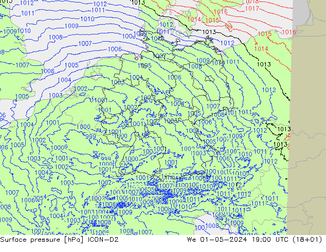 Surface pressure ICON-D2 We 01.05.2024 19 UTC