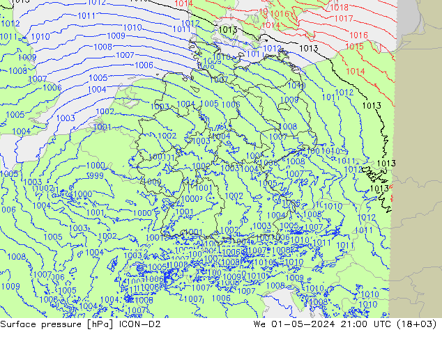 Surface pressure ICON-D2 We 01.05.2024 21 UTC