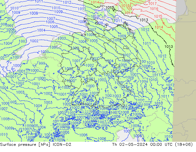 Pressione al suolo ICON-D2 gio 02.05.2024 00 UTC