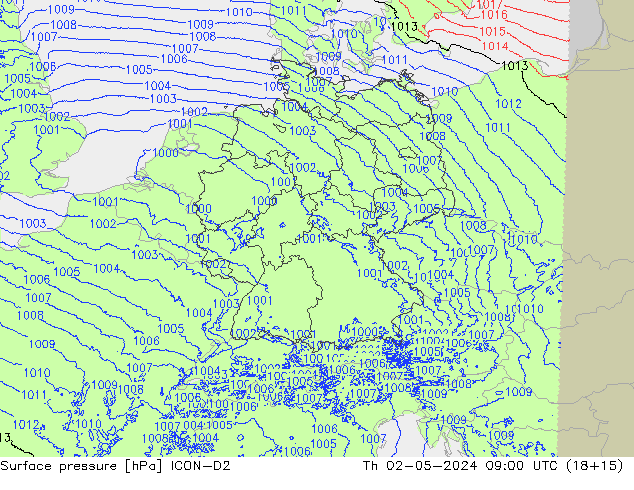 Surface pressure ICON-D2 Th 02.05.2024 09 UTC