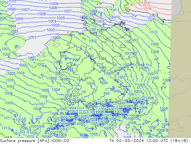 Pressione al suolo ICON-D2 gio 02.05.2024 12 UTC