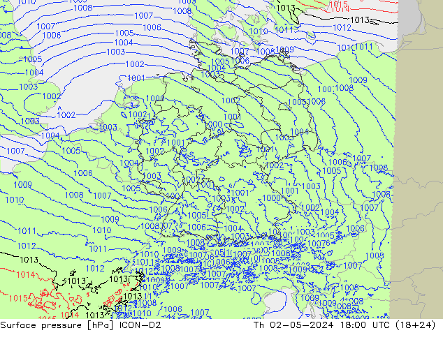 Surface pressure ICON-D2 Th 02.05.2024 18 UTC