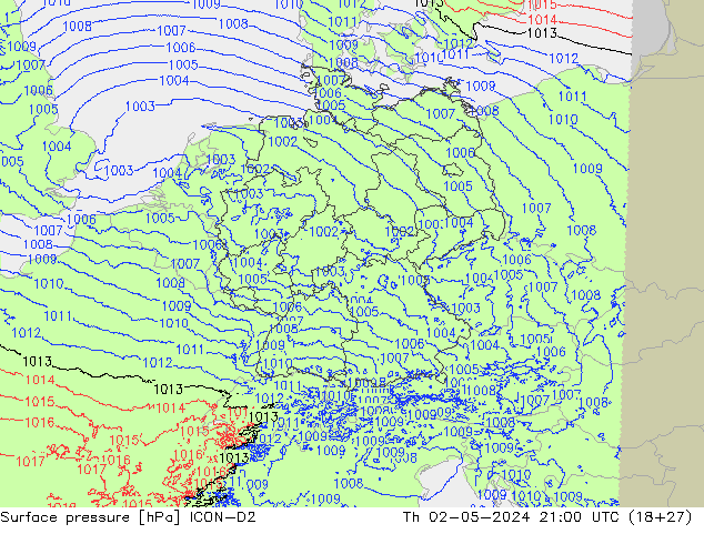 Surface pressure ICON-D2 Th 02.05.2024 21 UTC