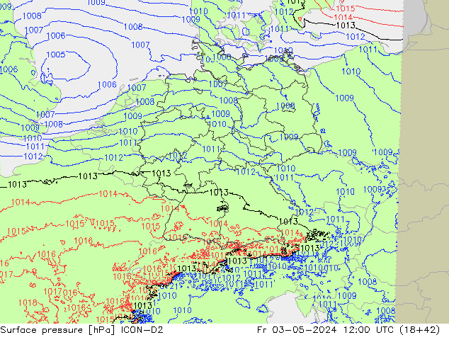 Pressione al suolo ICON-D2 ven 03.05.2024 12 UTC