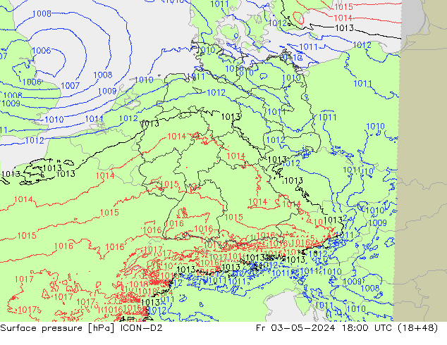 pressão do solo ICON-D2 Sex 03.05.2024 18 UTC